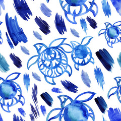 
Seamless watercolor background with blue turtles and strokes of blue paint. Animal print on a white isolated background. Blue background.