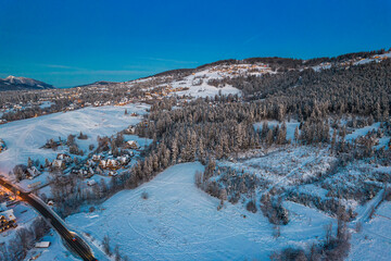 Wall Mural - Zakopane Winter Capital of Poland. Aerial Drone Panoramic View at Sunrise