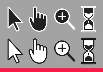 Leinwandbilder - Pointer hand, arrow, hourglass loading clock mouse, magnifier cursors icon sign graphic element flat style design vector illustration set. Simplistic pictogram indicator, endless time process idea.