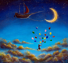 Girl With Balloons And Cat On Clouds In Sky Looks At Ship And Big Moon Fantasy Art Romantic Painting Illustration For A Book Of Fairy Tales