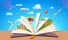 Open Book, World Inside. Imagination, Fantasy, Magic In Literature Concept. Season Fairy Tale, Storybook, Textbook. Town, Forest, Aerostat, Rocket, Plane, Space, Sky. Vector Illustration