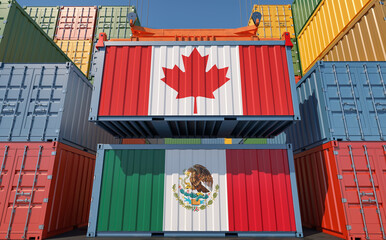 Wall Mural - Freight containers with Canada and Mexico national flags. 3D Rendering 