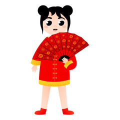 Cute girl in chinese national costume holding red fan with gold flowers in cartoon style for lunar new year