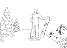 Snowboarder Standing On The Hill Looking At The Mountains Graphic Black White Landscape Sketch Illustration Vector  