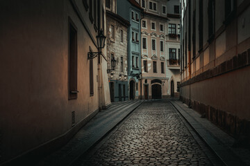  paving stones on Prague street in the evening