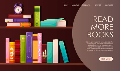 Online library, digital bookstore, bookshop, reading app, librarian banner. Books on shelves, bookshelves, alarm on books stack. Technology download literature to read, education. Vector illustration