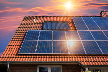 Photo collage of solar panels, photovoltaics on the red roof of a house and a beautiful sky with the setting sun. Alternative electricity source. Concept of sustainable resources