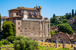 Panorama of Roman Forum Romanum with Temple of Antoninus and Faustina San Lorenzo in Miranda church and Palatine Hill in historic center of ancient Rome in Italy