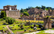Panorama of Roman Forum Romanum with Temple of Antoninus and Faustina San Lorenzo in Miranda church and Palatine Hill in historic center of ancient Rome in Italy