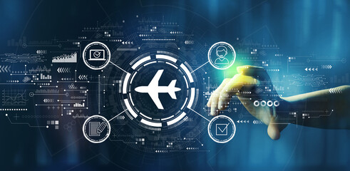 Wall Mural - Flight ticket booking concept with hand pressing a button on a technology screen