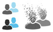 Dispersed dot clients vector icon with wind effect, and original vector image. Pixel transformation effect for clients shows speed and motion of cyberspace abstractions.