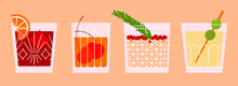 Set Of Cocktails. Drinks In Different Types Of Vintage Glasses. Vector Illustration Of Summer Cocktails