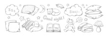 Doodle Sleep Dream. Hand Drawn Night Bedtime Collection Of Pillow Feather Cloud And Moon. Napping Puppies And Kittens Sketch. Cozy Cushion Stacks Or Blankets. Vector Sweet Dreaming Set