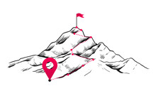 Path To Mountain Success. Hand Drawn Progress And Achievements Concept With Goals Or Route. Rock Trail With Flag. Mountaineering Way Plan. Development Strategy. Vector Business Win