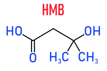 Sticker - Beta-hydroxy beta-methylbutyric acid or HMB leucine metabolite molecule. Used as supplement, may increase strength and muscle mass. Skeletal formula.