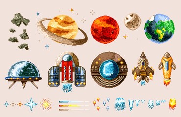 Pixel video game asset set with sci-fi planet and spaceship. Fantastic world gaming 8-bit design