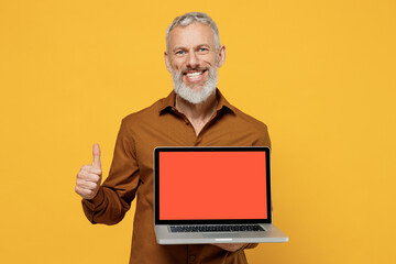 Wall Mural - Happy elderly gray-haired bearded man 40s years old wears brown shirt hold use point finger on laptop pc computer with blank screen workspace area isolated on plain yellow background studio portrait.