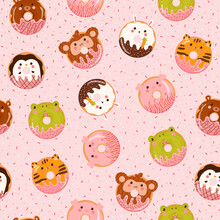 Cute Colorful Animal Donuts Seamless Pattern For Kids In Cartoon Style On Pink Background, Tasty Bakery Ornament
