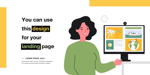 Poster - Travel agent talking about details of tourist trips. Flat vector illustration. Woman pointing to computer screen with images of flights, yacht, foreign passport. Service, vacation, resort concept