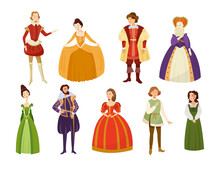 Men And Women In Medieval Costumes Cartoon Illustration Set. Queen, Princess And Aristocrats Characters With Hairstyles Wearing Renaissance Carnival Clothes And Vintage Dresses. History, Style Concept