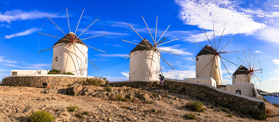 Poster - Greece travel, windmills of Mykonos island. Chora town, popular touristic attraction. Cyclades