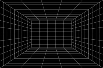 Wall Mural - 3d digital white grid of black room space with one point perspective. empty geometric cyberspace stu
