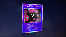 NFT Crypto Art Card - Example Of Non-fungible Token Collectible Card With Unique Made Up Gaming Theme. Unique Digital Art Concept. 3d Render Illustration.
