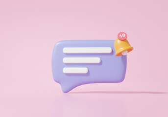 Wall Mural - Bubble chat icon or comment with notification bell Social media online concept. talk, chat, message, sms, communication, Cartoon minimal cute smooth on pink background, banner, 3d render