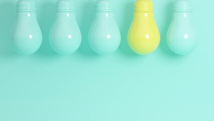 Poster - Row of lamps with one yellow shiny on a blue background. Business concept idea. Minimal modern motion design. Abstract animation.