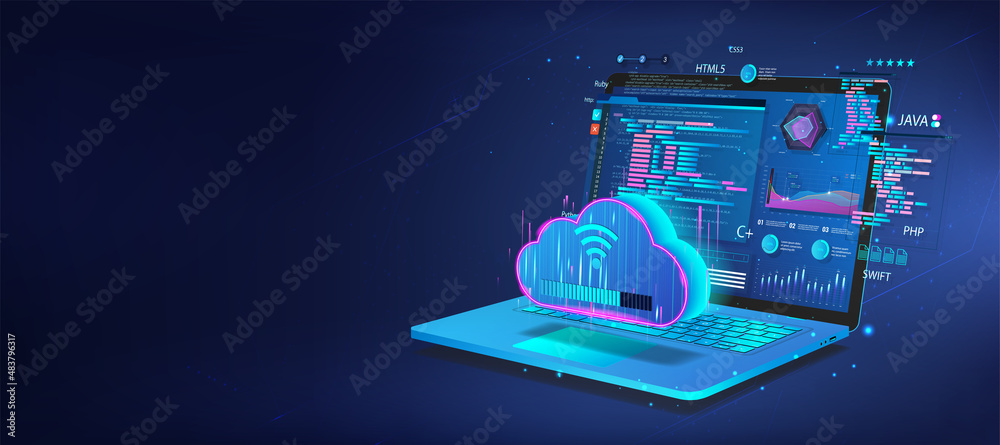 Laptop with program code on screen and download from cloud service. Web ...