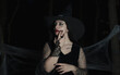 Sexy halloween portrait of brunette haired woman with hat on her head, makeup with fake blood. Dark forest background.