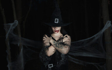 Sexy halloween portrait of brunette haired woman with hat on her head, makeup with fake blood. Dark forest background.