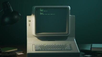 Old personal computer or PC zooming out. Source code running on screen, display. Dynamic noise, glitch effects. Table lamp light. Retro style composition. Vintage 70s, 80s monitor. 3D Render animation