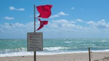 Water Closed To Public Dual Red Warning Flags Blowing In Strong Wind, In Front Of Rough, Choppy Ocean - Dania Beach, Florida, USA