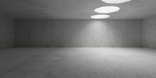 Empty Modern Abstract Concrete Room With Light From Row Of Round Ceiling Openings And Rough Floor - Industrial Interior Background Template