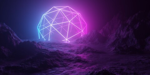 Canvas Print - Mountain terrain landscape with pink and blue neon light glowing triangle sphere wireframe frame, retro technology or futuristic alien background template