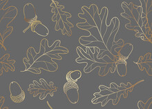 Gold Oak Leaves With Acorn Seamless Vector Background. Golden Line Abstract Fall Leaf Shapes On Dark Background. Elegant, Luxurious Pattern For Scrap Booking, Banners, Packaging, Wedding.