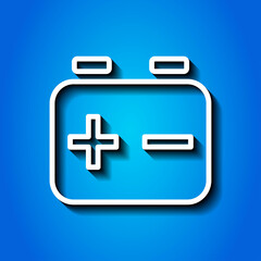 Battery accumulator simple icon. Flat desing. White icon with shadow on blue background.ai