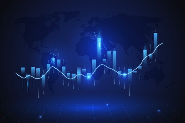 Poster - Glowing chart of investment financial data. Graph stock market with rising candlesticks. Infographic elements and world map. Analysis indicators, statistics diagram, business charts