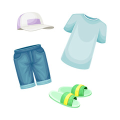 Wall Mural - Summer clothes for boy set. T-shirt, denim shorts and flip flops cartoon vector illustration