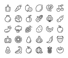 Fruits And Vegetables Icons Set. Vector Line Icons, Modern Linear Design Graphic Elements, Outline Symbols