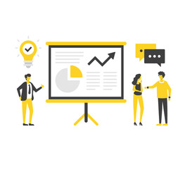 Poster - business presentation. flat vector illustration. people and business meeting with presentation board