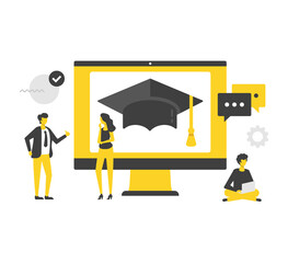 Poster - Online education. Flat vector illustration. People and computer with graduation hat. Digital learning, online tutorials, distance education, webinar, e-learning. Modern concepts. Flat design