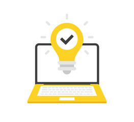 Poster - Laptop and light bulb with check mark. Flat vector illustration. Great idea, solution, smart technology, innovation concepts. Lightbulb and tick. Modern concepts. Flat design