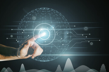 Aufkleber - Close up of businessman hand pointing at abstract glowing polygonal sphere and digital business interface on blurry blue background. Future, innovation and technology concept. Double exposure.