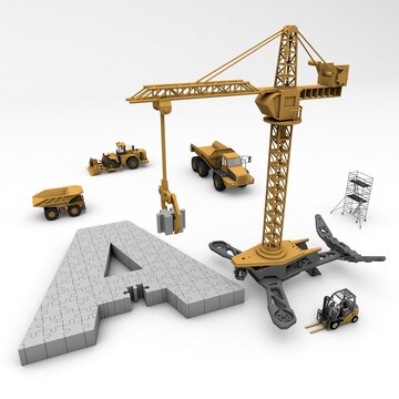 3D illustration of the letter A puzzle with construction machinery