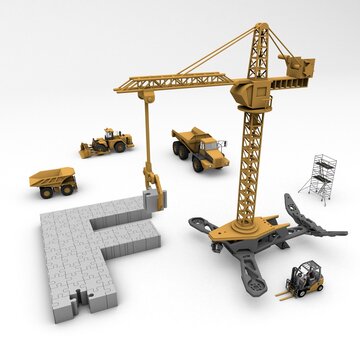 3D illustration of the letter F puzzle with construction machinery