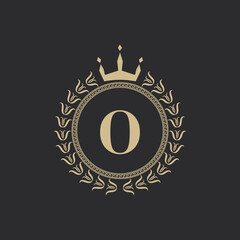 Wall Mural - Initial Letter O Heraldic Royal Frame with Crown and Laurel Wreath. Simple Classic Emblem. Round Composition. Graphics Style. Art Elements for Logo Design Vector Illustration