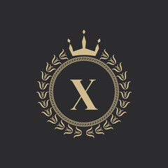 Wall Mural - Initial Letter X Heraldic Royal Frame with Crown and Laurel Wreath. Simple Classic Emblem. Round Composition. Graphics Style. Art Elements for Logo Design Vector Illustration