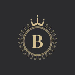 Wall Mural - Initial Letter B Heraldic Royal Frame with Crown and Laurel Wreath. Simple Classic Emblem. Round Composition. Graphics Style. Art Elements for Logo Design Vector Illustration